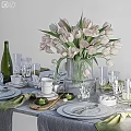 Elegant Tableware Set With White Plates Glassware Tulips Cups And Green Napkins