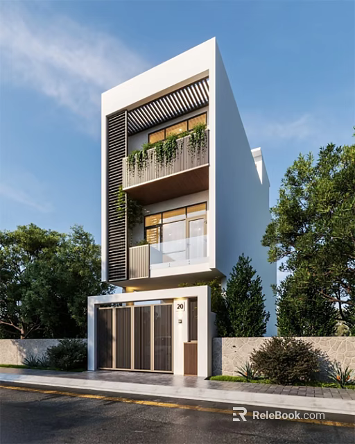 Modern Detached Villa White Exterior Black Louvers Second Floor Balcony With Plants Glass Railings Trees 3d model 