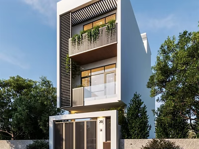 Modern Detached Villa White Exterior Black Louvers Second Floor Balcony With Plants Glass Railings Trees 3d model