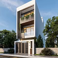 Modern Detached Villa White Exterior Black Louvers Second Floor Balcony With Plants Glass Railings Trees