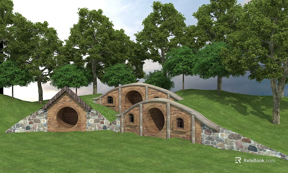 Earth Sheltered Wooden House With Arched Doors Windows Green Grass And Trees Surroundings 3d model 