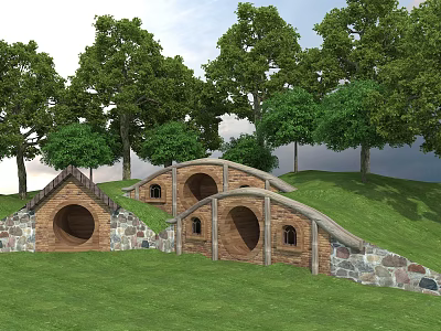 Earth Sheltered Wooden House With Arched Doors Windows Green Grass And Trees Surroundings 3d model