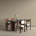 Modern Dining Table and Chairs Set with Woven Backrests Light Cushions Vase and Tableware 3d model