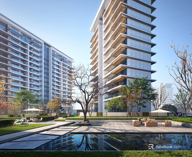 Modern High Rise Residential Building With Glass Curtain Walls Greenery And Outdoor Courtyard 3d model 
