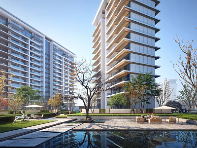 Modern High Rise Residential Building With Glass Curtain Walls Greenery And Outdoor Courtyard 3d model
