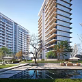 Modern High Rise Residential Building With Glass Curtain Walls Greenery And Outdoor Courtyard