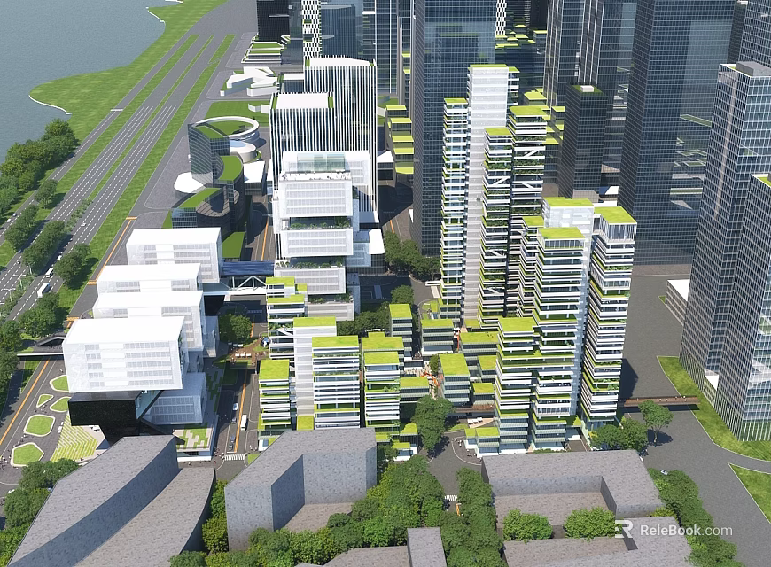 Modern Urban Office Building With Green Roof Terraces Amidst City Skyscraper Complex 3d model 