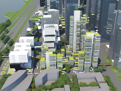 Modern Urban Office Building With Green Roof Terraces Amidst City Skyscraper Complex 3d model