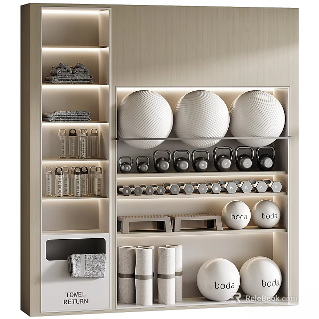 Organized Sports Equipment Storage Shelves For Home Gym With Dumbbells And Fitness Balls 3d model 