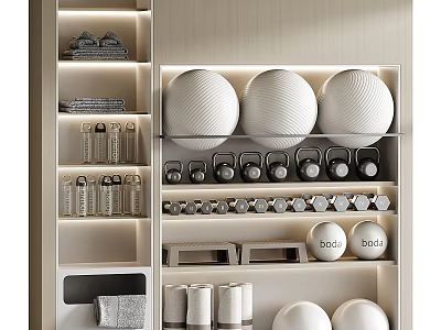 Organized Sports Equipment Storage Shelves For Home Gym With Dumbbells And Fitness Balls 3d model