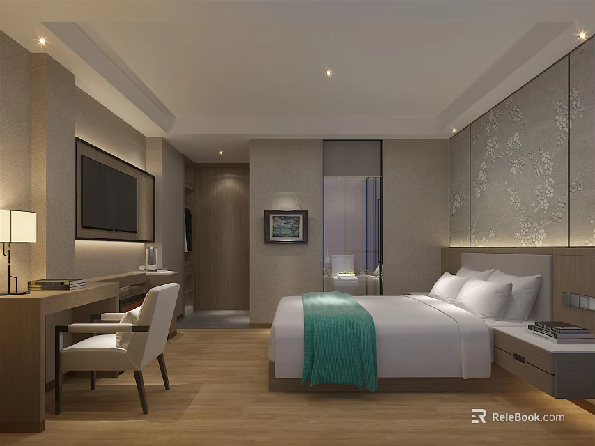 Hotel Guest Room Interior With Bed Green Blanket TV Desk Chair Wooden Floor 3d model 