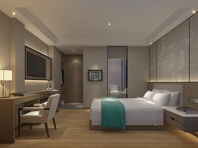 Hotel Guest Room Interior With Bed Green Blanket TV Desk Chair Wooden Floor 3d model