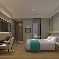 Hotel Guest Room Interior With Bed Green Blanket TV Desk Chair Wooden Floor