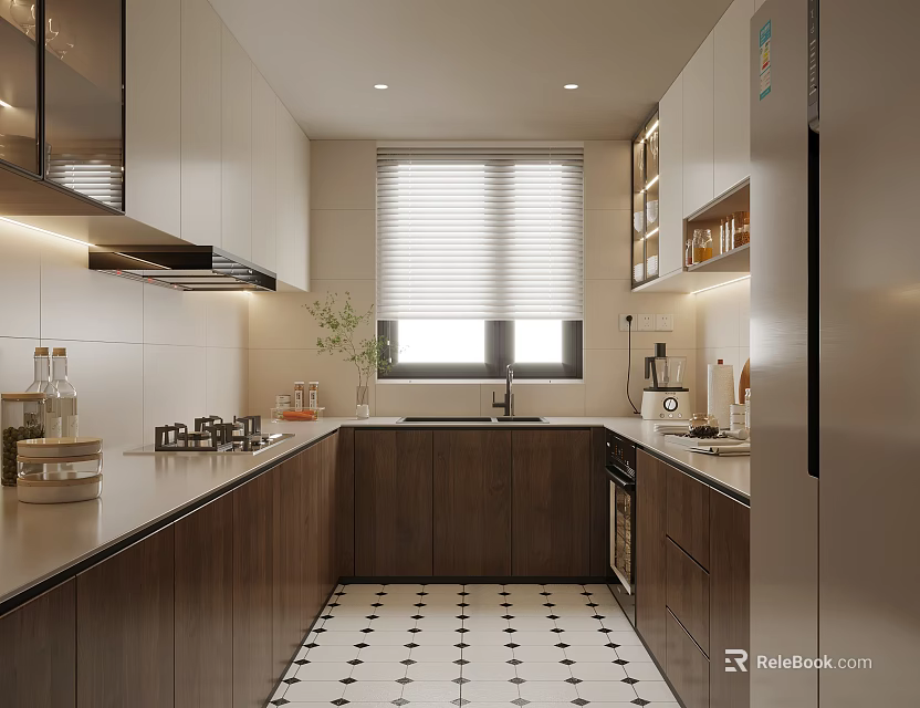 Modern Kitchen Interior With White Wooden Cabinets Island Counter Appliances And Patterned Tiled Floor 3d model 