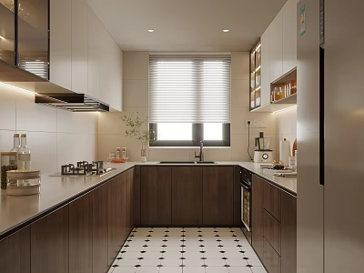 Modern Kitchen Interior With White Wooden Cabinets Island Counter Appliances And Patterned Tiled Floor 3d model