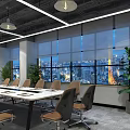 Modern Conference Room Interior With Long Table Chairs Projection Screen Chart Windows And Plants 3d model