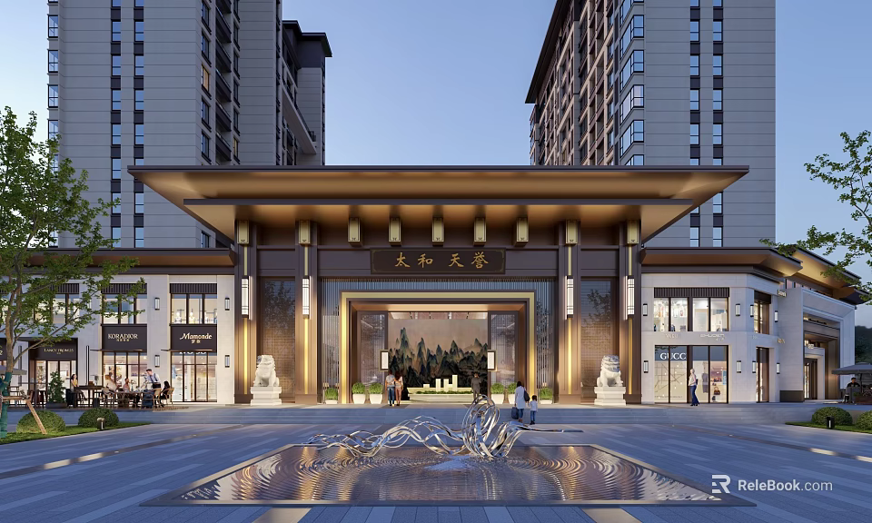 Luxury Chinese Style High Rise Residential Building Entrance With Water Pool And Sculptures 3d model