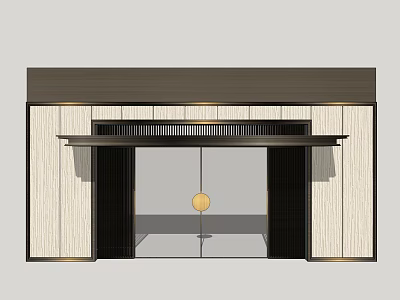 Modern Entrance Design With Wooden Panels Black Frames And Circular Gold Accent 3d model