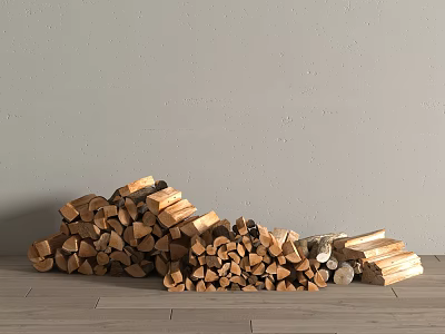 Stacked Stone And Wood Pile With Gray Wall And Wooden Floor Background 3d model