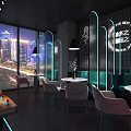 Modern Storefront Counter With LIFE NOW Neon Sign Purple Lighting And Bookshelves