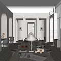 Modern Public Office Space With Wooden Table Black Chairs Arched Doorways And Desk Lamp