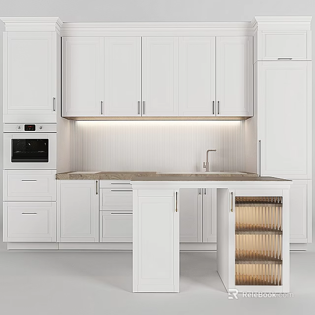 White Kitchen Cabinets With Countertop Sink Oven And Under Cabinet Lighting 3d model 