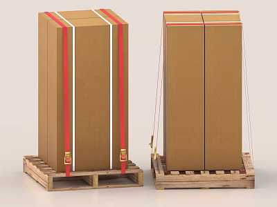 Packed Household Items In Brown Cardboard Boxes With Red White Straps On Wooden Pallets 3d model