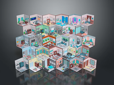 Colorful Stacked Hexagonal Room Models Featuring Various Interior Designs And 3D Structure 3d model