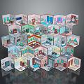 Colorful Stacked Hexagonal Room Models Featuring Various Interior Designs And 3D Structure