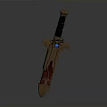 Ornate Sword With Metallic Blade Red Decorative Patterns Black Leather Hilt And Blue Gemstone