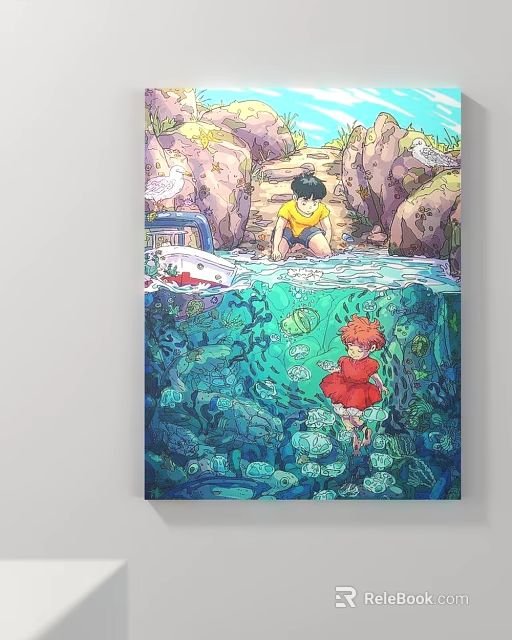 Boy Playing Near Water With Boat And Underwater Girl Among Jellyfish 3d model 