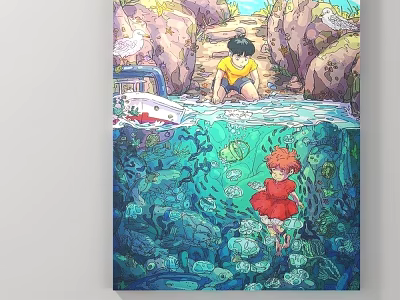 Boy Playing Near Water With Boat And Underwater Girl Among Jellyfish 3d model