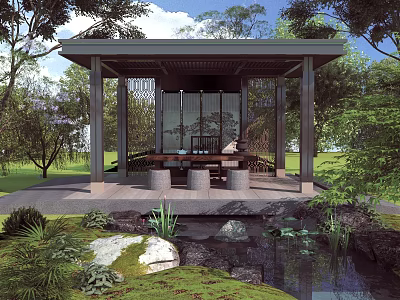 Outdoor Garden Pavilion With Pond Stones Plants And Natural Seating Area 3d model