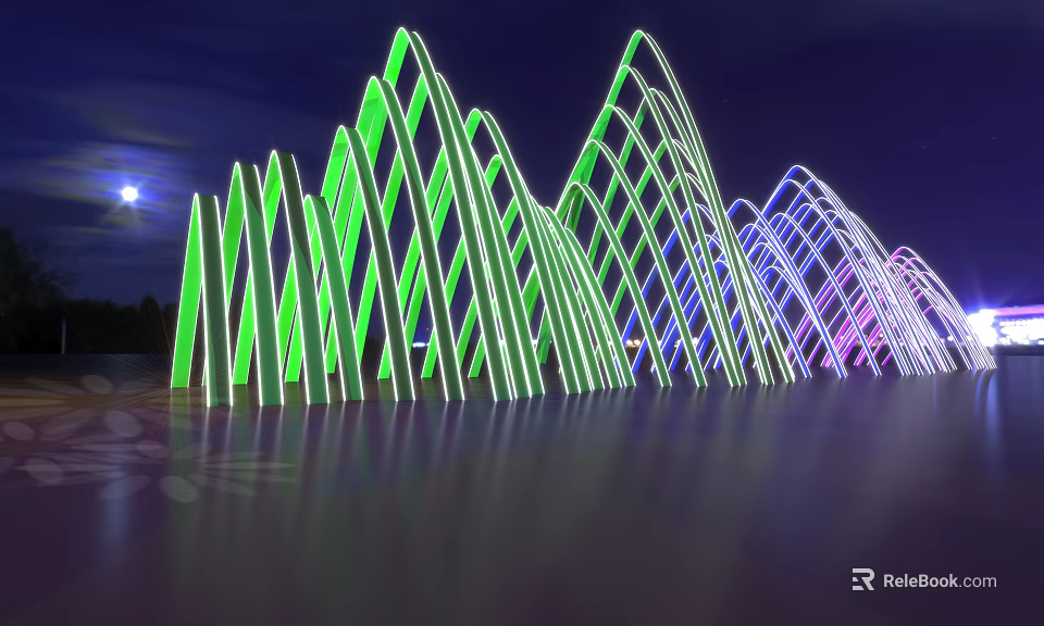Colorful Illuminated Wave Like Structures With Moonlit Night Reflection Outdoor 3d model 