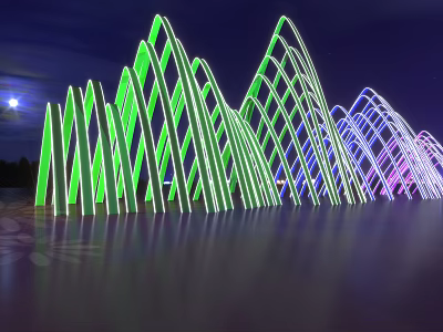 Colorful Illuminated Wave Like Structures With Moonlit Night Reflection Outdoor 3d model