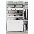 Organized Wardrobe With Gray And White Storage Boxes Various Shoes Hanging Garments And Drawers
