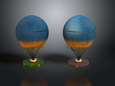 Hot Air Balloon Models With Blue Orange Gradient Green Brown Bases Metal Frames And Lights 3d model