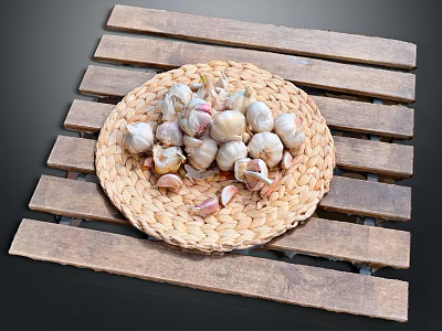 Heap of Fresh Garlic Bulbs in Wicker Basket on Wooden Pallet 3d model