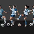 Women Soccer Players Displaying Dynamic Moves In Blue White Jerseys With Soccer Balls