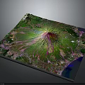 3D Volcanic Terrain Rendering With Central Red Crater Surrounded By Green Vegetation And Blue Water