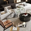 Elegant Modern Sofa And Coffee Table Set With Area Rug Accent Chair And Potted Plant