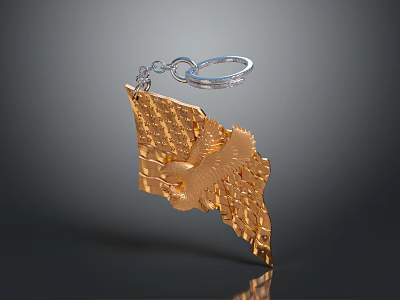 Decorative Golden Keychain Featuring Eagle Design And Grid Pattern Metal Ring 3d model
