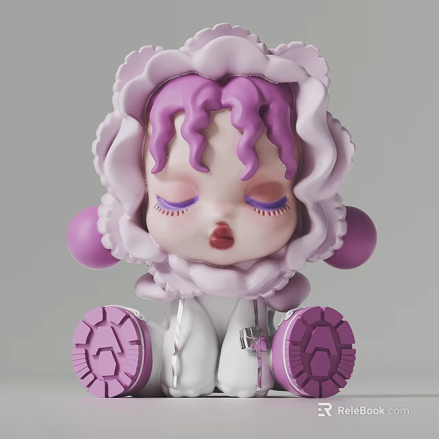 Cute Doll Sculpture With Purple Curly Hair And Flower Shaped Headdress 3d model 