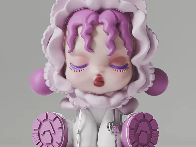 Cute Doll Sculpture With Purple Curly Hair And Flower Shaped Headdress 3d model