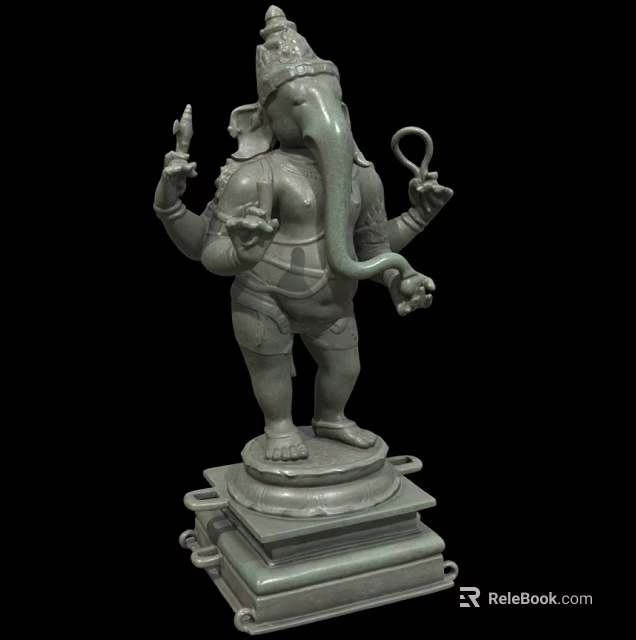 Ganesha Stone Carving Sculpture With Multiple Arms In Standing Posture On Pedestal Base 3d model 