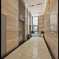 Elegant Front Desk Reception Area With Large Digital Screen Welcome Message Chandelier And Potted Plant