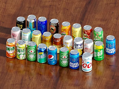 Assorted Canned Beverages With Various Colors And Brands Arranged On Wooden Table 3d model