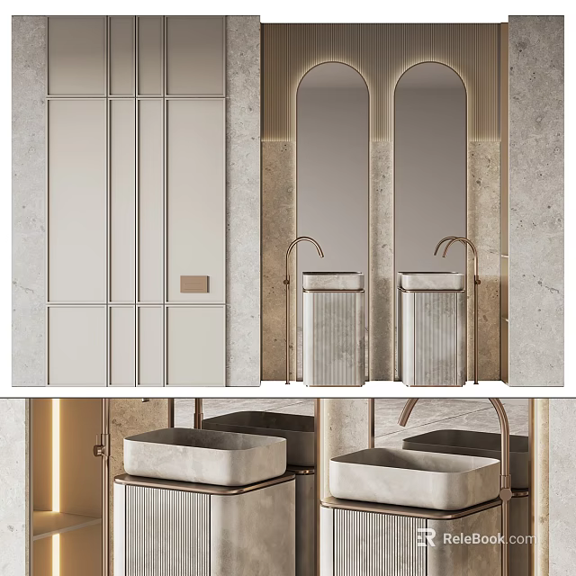 Elegant Modern Bathroom Vanity With Double Marble Washbasins And Arched Mirrors 3d model 
