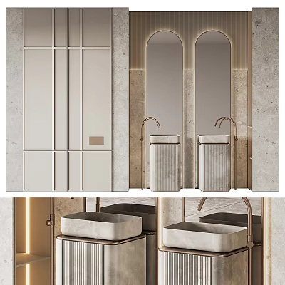 Elegant Modern Bathroom Vanity With Double Marble Washbasins And Arched Mirrors 3d model