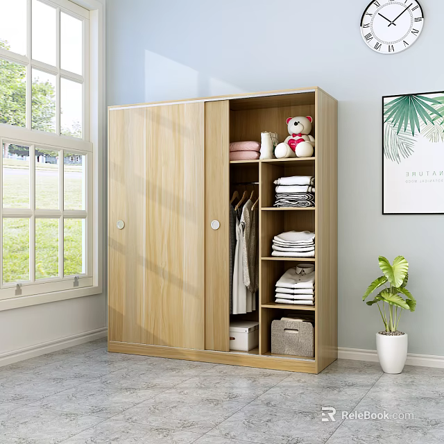 Wooden Double Door Wardrobe Featuring Hanging Clothes Folded Layers Storage Boxes And Stuffed Toy In Bright Room 3d model 